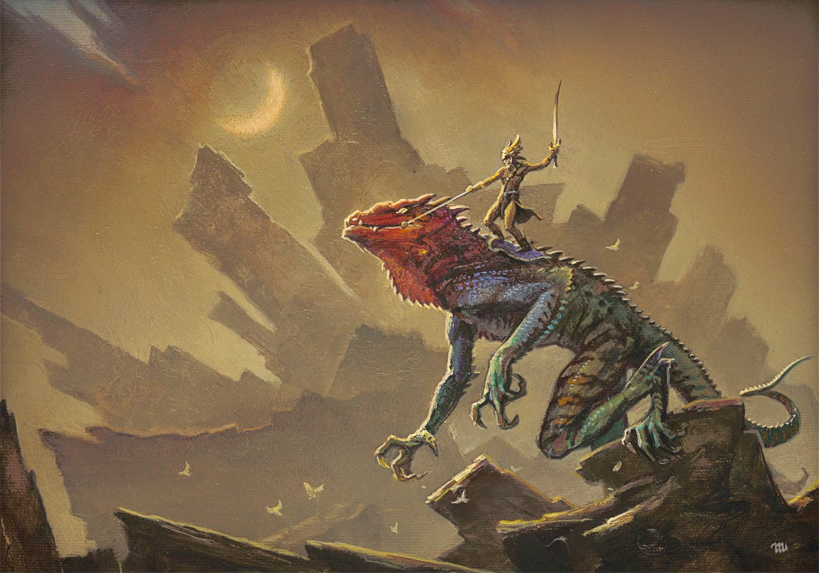 A warrior in winged helm and flowing loin cloth stands on the back of a lizard poised to leap. The man grips the reins with one hand and holds up his sword with the other as if he's directing the beast. The giant lizard has a red head and green body. Its back legs are coiled to spring with forelimbs already raised. Birds startle into flight below. The background is rocky terrain the color of sand. A glowing crescent moon hangs in the sky in the gap between broken stone that radiates outward in columns framing the action. A warrior in winged helm and flowing loin cloth stands on the back of a lizard poised to leap. The man grips the reins with one hand and holds up his sword with the other as if he's directing the beast. The giant lizard has a red head and green body. Its back legs are coiled to spring with forelimbs already raised. Birds startle into flight below. The background is rocky terrain the color of sand. A glowing crescent moon hangs in the sky in the gap between broken stone that radiates outward in columns framing the action.