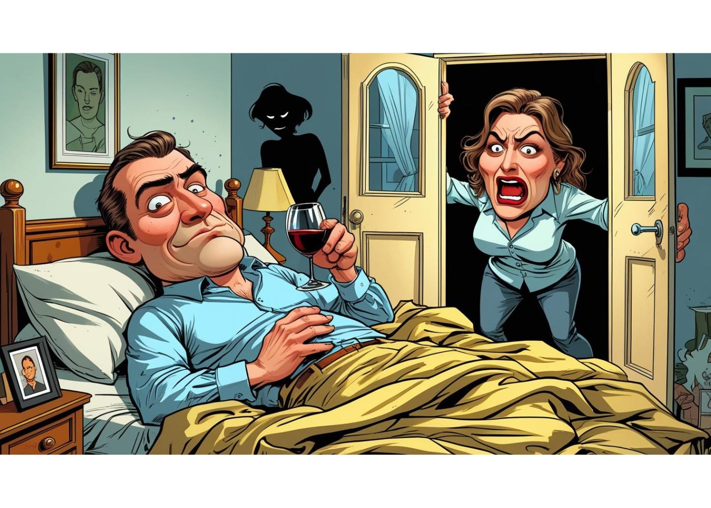 Cartoon-style illustration of a confused, disheveled man in bed holding a photo of his ex, while his furious wife and her shocked husband peek through the door. Chaos, regret, and misplaced confidence fill the scene in absurd detail. Cartoon-style illustration of a confused, disheveled man in bed holding a photo of his ex, while his furious wife and her shocked husband peek through the door. Chaos, regret, and misplaced confidence fill the scene in absurd detail.
