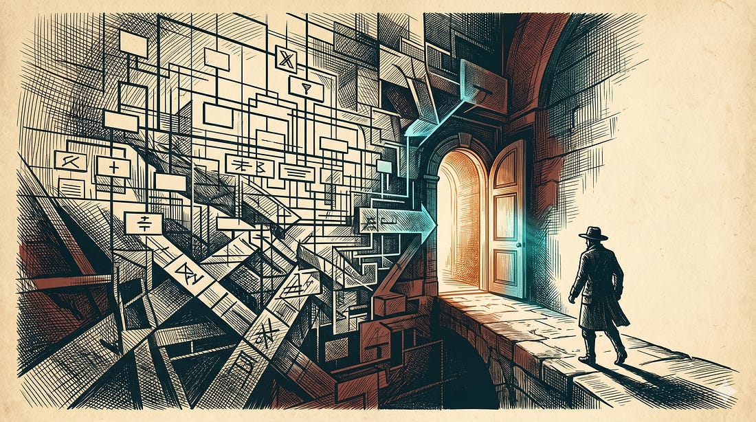 A solitary figure walking away from a tangled organizational chart toward an open door