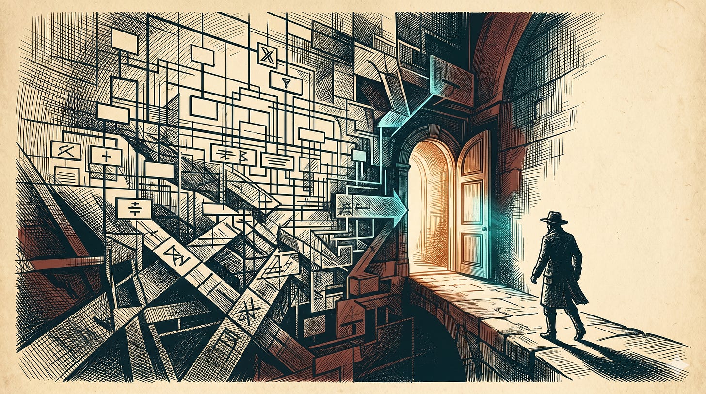 A solitary figure walking away from a tangled organizational chart toward an open door