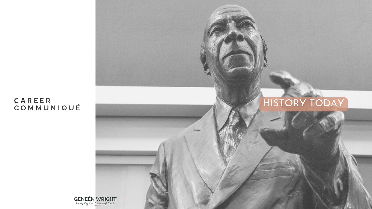 A close-up black-and-white image of a bronze statue of A. Philip Randolph, captured from a low angle to emphasize his strength and vision. The overlay text reads “Career Communiqué: History Today."