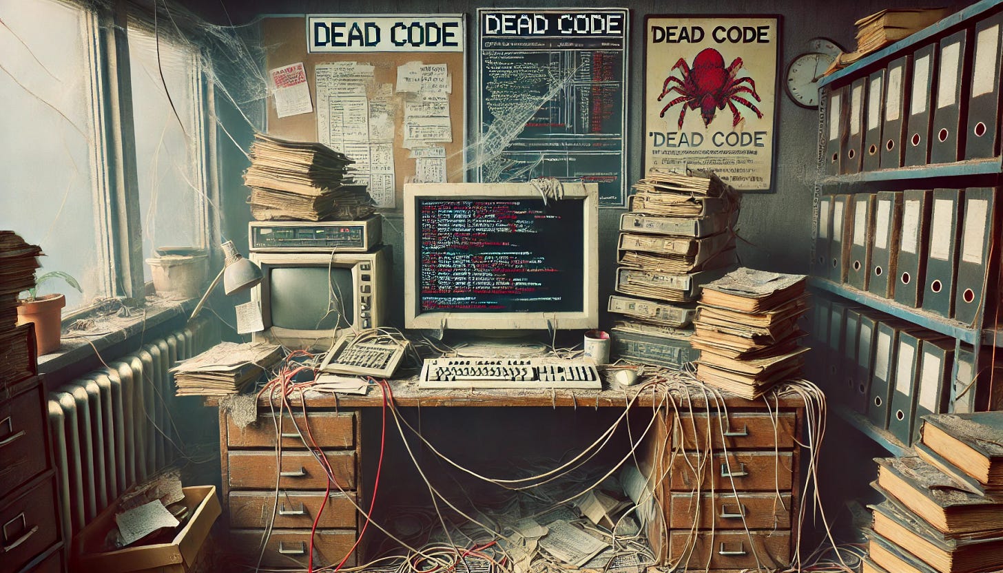 A high-definition horizontal pixel art image representing 'dead code' in an engineering organization. The image shows an abandoned office desk with a dusty old computer, tangled cables, and unused code books stacked around. The computer screen displays lines of outdated code with red error symbols. The background has faded posters of old tech trends and a cobweb in the corner to signify neglect. The wider frame captures more of the room, including an old filing cabinet and a broken office chair.