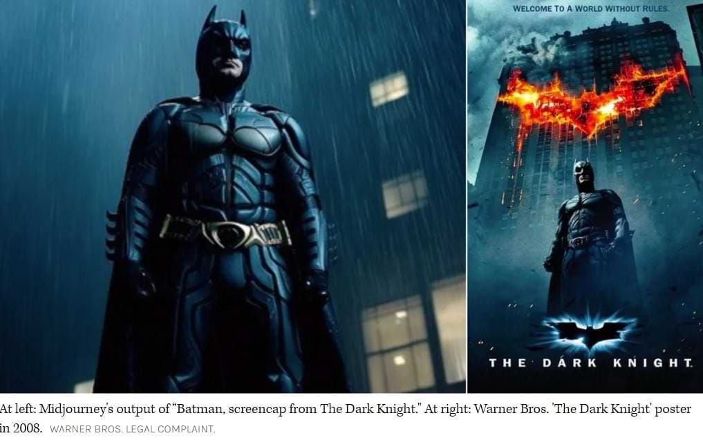 Side-by-side comparison of two Batman images. On the left is a Midjourney AI-generated image mimicking a screencap from The Dark Knight, featuring a muscular Batman in the rain. On the right is the official Warner Bros. poster for The Dark Knight from 2008, with Batman standing in front of a burning bat symbol on a building. The image is cited in Warner Bros.’ legal complaint alleging copyright infringement.