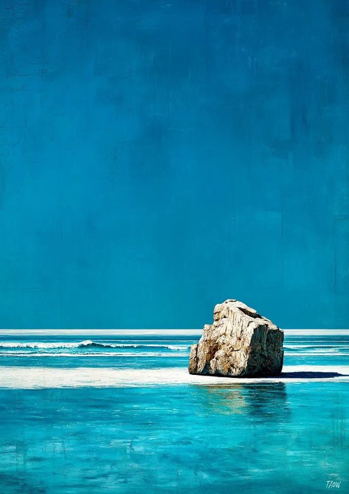 thick-textured encaustic composition, a solitary rock protruding from a minimalist azure ocean, flat horizon, small waves, clear sky, subdued colour, continuous flow --ar 5:7 --stylize 300 --v 7