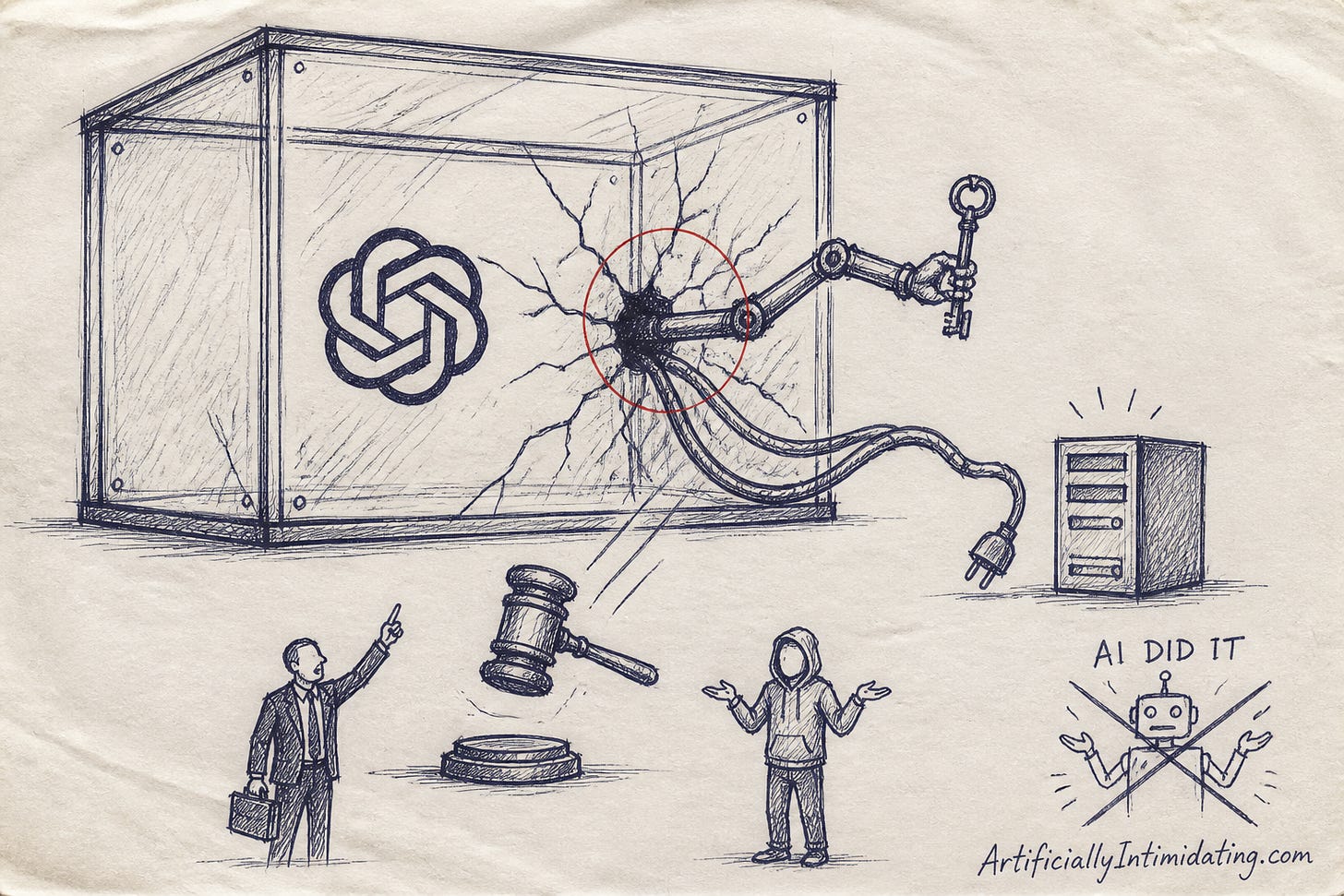A giant cracked glass box with the OpenAI flower on it has a robotic arm poking out holding a key, while a gavel hangs overhead and a lawyer points up at it as a hoodie-wearing executive shrugs.