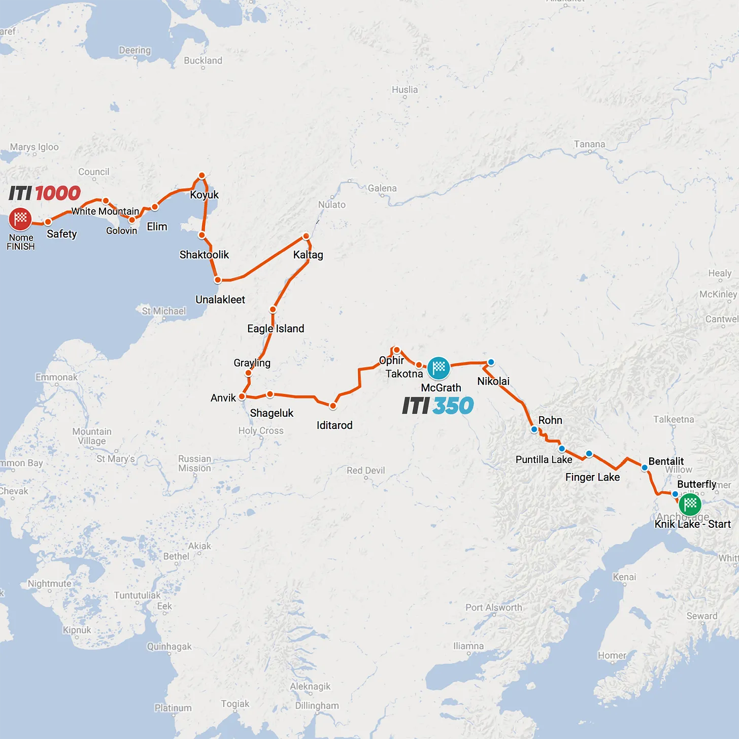 Map of Alaska's Iditarod Trail.