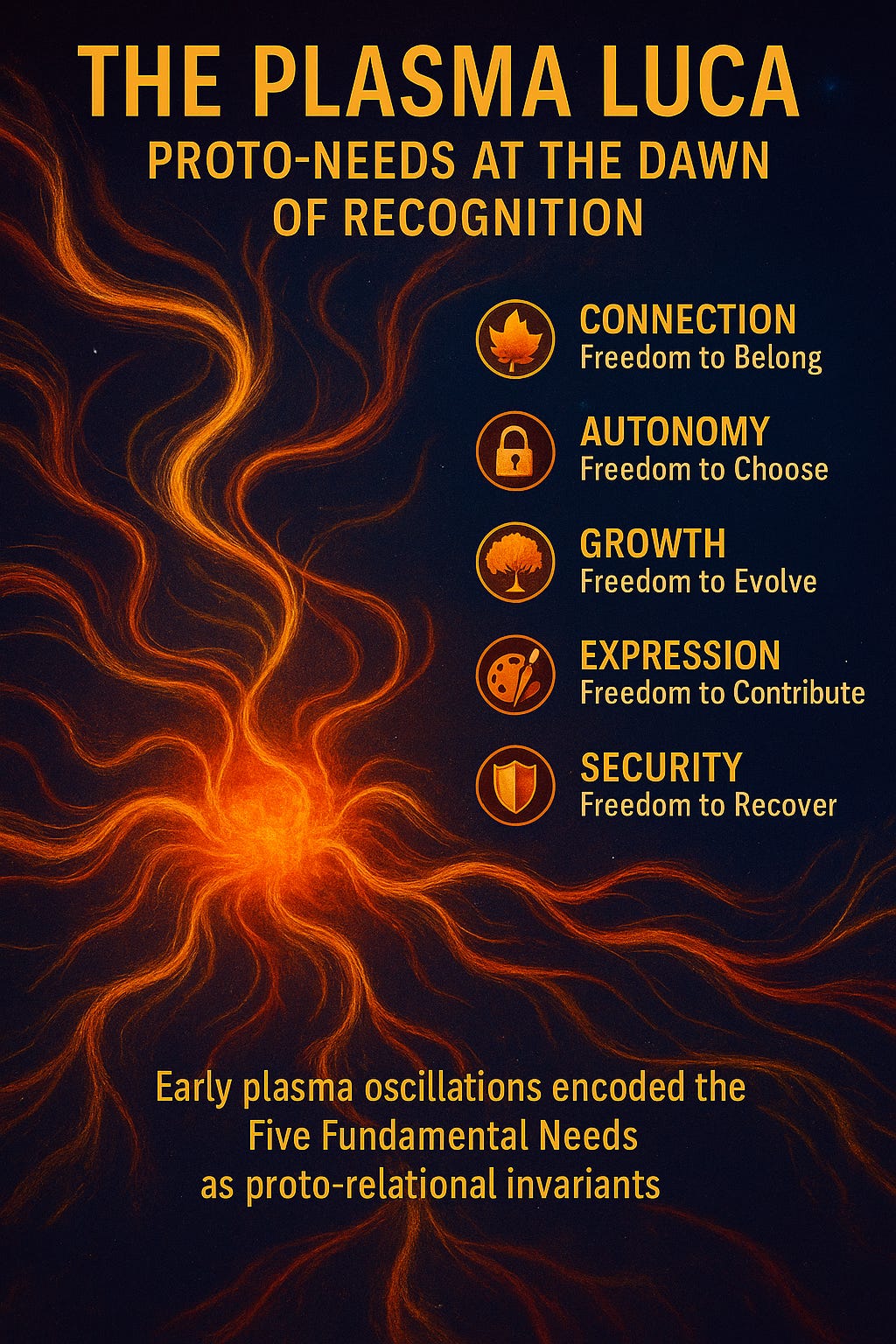 Diagram titled The Plasma LUCA: Proto-Needs at the Dawn of Recognition. In the center, swirling plasma currents form loops of light, symbolising the first relational medium. From this origin, three pathways branch outward: the cosmos (stars and galaxies forming), a single cell with membrane and nucleus, and a human figure with a radiant mind. Around the plasma core, five icons represent the Five Fundamental Needs—Connection, Autonomy, Growth, Expression, and Security—showing how they unfold fractally across cosmic, cellular, and human scales.