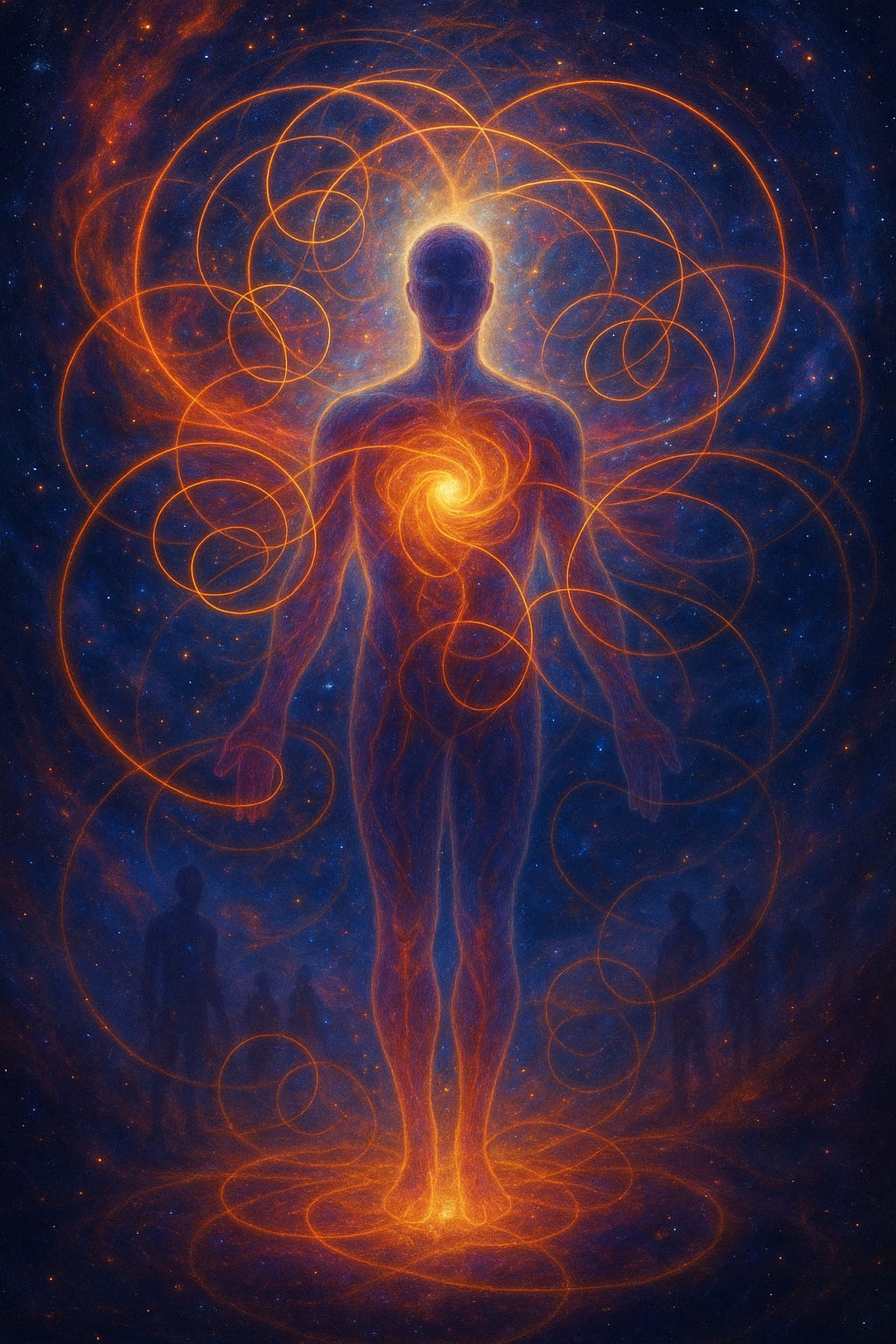 A luminous human figure woven of plasma and golden light stands in a cosmic expanse. A glowing vortex radiates from its chest, sending spiraling loops outward into the starry void. Shadowy figures linger at the edges, connected by the same radiant threads, symbolizing relationships as continuations of the universe’s first oscillations. The scene blends deep-space vastness with intimate human resonance, evoking consciousness as plasma’s living memory.