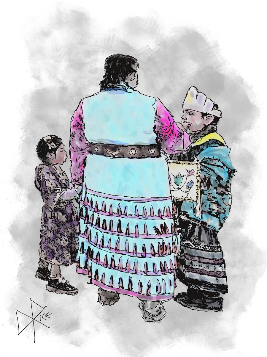 Mother and children enjoying the gathering, and participating in their cultural traditions. Sketch art by Don Rice. Mother and children enjoying the gathering, and participating in their cultural traditions. Sketch art by Don Rice.