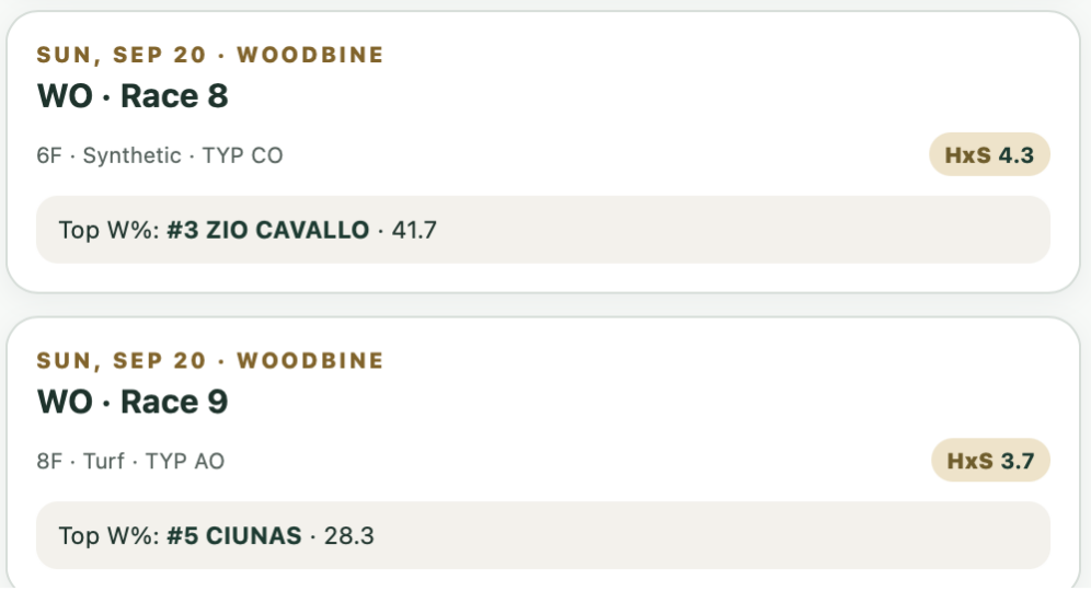 Woodbine Race 8 and Race 9 both cleared the HxS threshold, with Zio Cavallo and Ciunas leading modeled win percentage