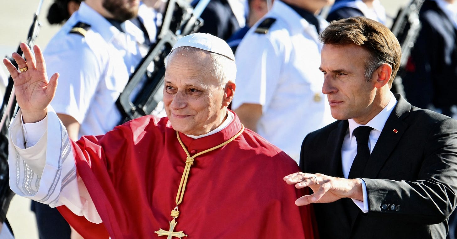 Pope Leo XIV waves beside Emmanuel Macron at Paris-Orly Airport