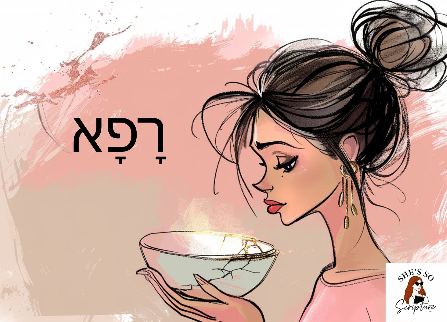 Whimsical fashion illustration of a woman with a messy bun holding a ceramic bowl mended with gold against a soft blush pink watercolor background Whimsical fashion illustration of a woman with a messy bun holding a ceramic bowl mended with gold against a soft blush pink watercolor background