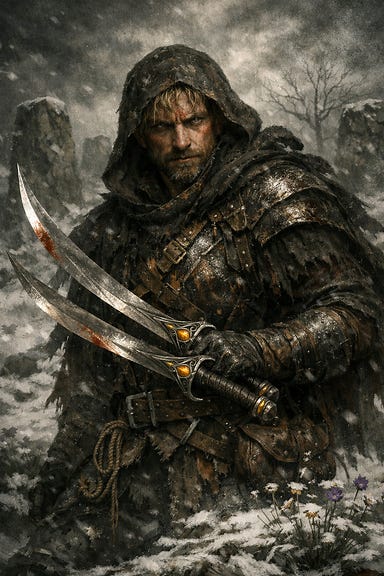 Greegan sandy-haired rogue holding Rahadin’s scimitars, standing in snowy Barovian circle, furtive expression, battered leathers