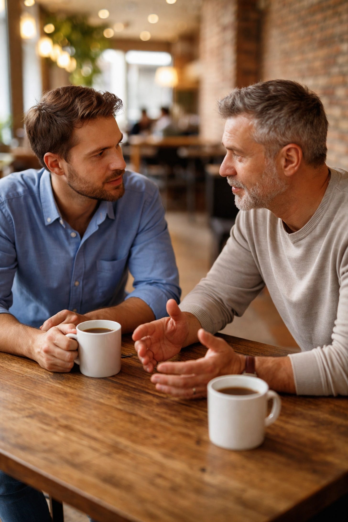Two men having a heartfelt conversation about reconciliation and making amends