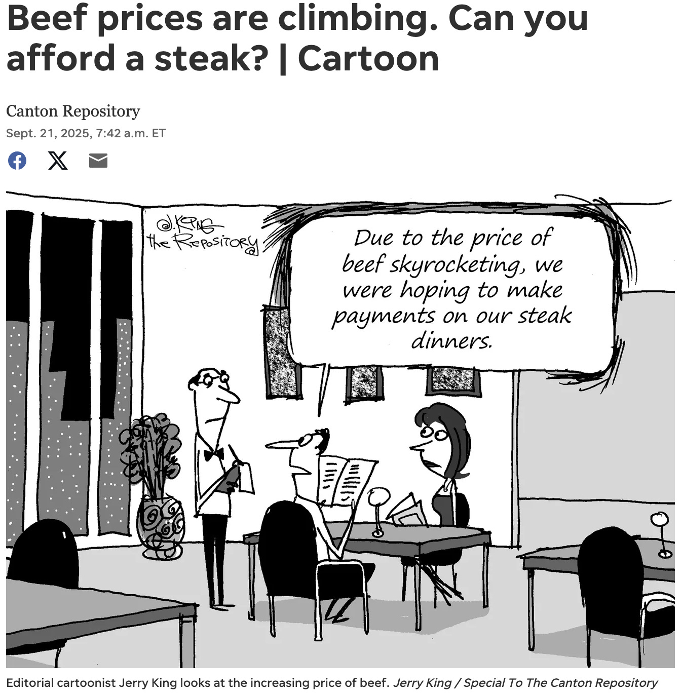 Jerry King editorial cartoon about steak prices.