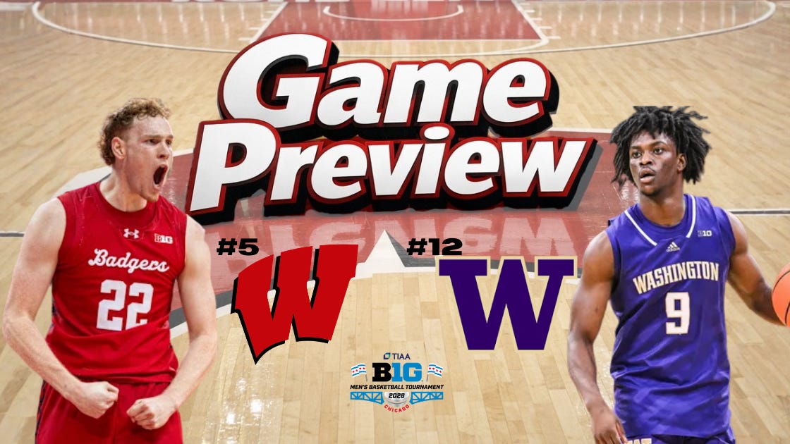 A 2026 Big Ten Men’s Basketball Tournament game preview graphic featuring the #5 seed Wisconsin Badgers and the #12 seed Washington Huskies. The image showcases Wisconsin player #22 in a red home jersey celebrating and Washington player #9 in a purple away jersey handling the ball, with the official 2026 Big Ten Tournament Chicago logo centered at the bottom. A 2026 Big Ten Men’s Basketball Tournament game preview graphic featuring the #5 seed Wisconsin Badgers and the #12 seed Washington Huskies. The image showcases Wisconsin player #22 in a red home jersey celebrating and Washington player #9 in a purple away jersey handling the ball, with the official 2026 Big Ten Tournament Chicago logo centered at the bottom.