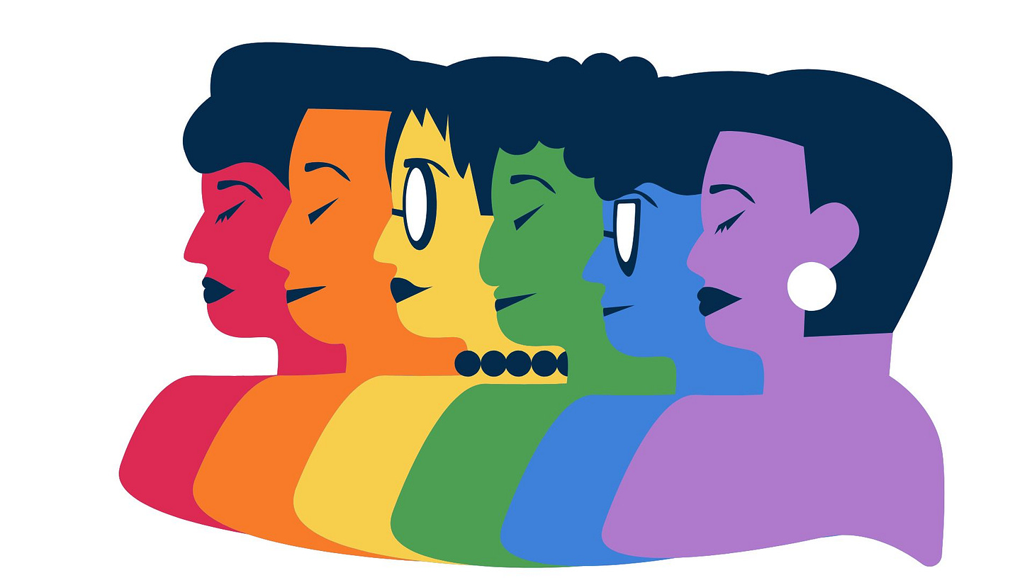 a line of women in rainbow colours