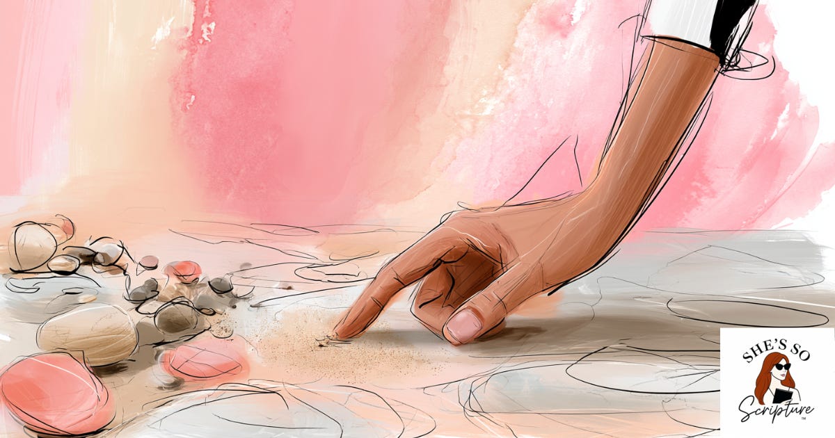 Watercolor illustration of a hand writing in dust on ancient stone pavement with small stones scattered nearby, in soft blush pink and cream tones. Watercolor illustration of a hand writing in dust on ancient stone pavement with small stones scattered nearby, in soft blush pink and cream tones.