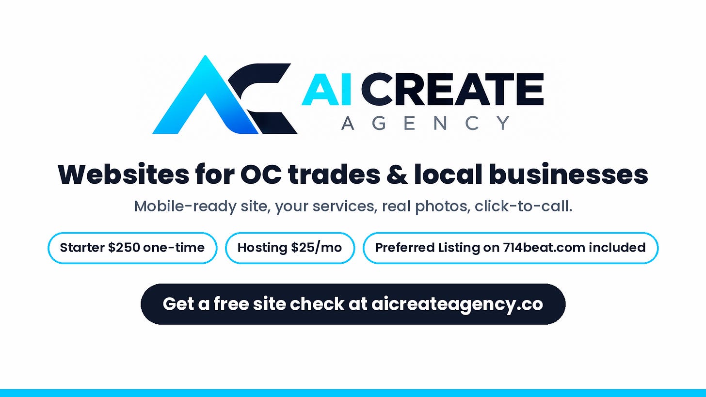 AI Create Agency: websites for OC trades and local businesses. Starter $250 one-time, hosting $25/mo, Preferred Listing on 714beat.com included. Free site check at aicreateagency.co.