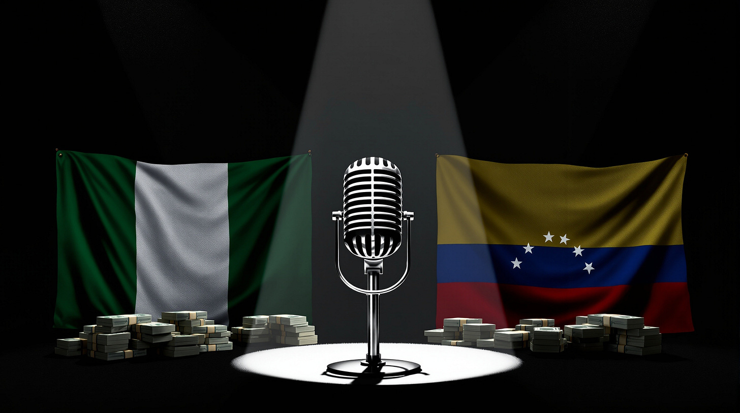 Editorial illustration with dramatic lighting showing a broadcast microphone in spotlight with Nigerian flag and money on left, Venezuelan flag and money on right, in moody documentary style