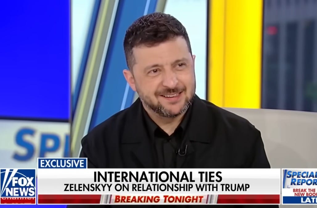 Video screenshot: In an interview on Fox News, Ukrainian President Volodomyr Zelenskyy smiles as he says his relations with Donald Trump have improved Video screenshot: In an interview on Fox News, Ukrainian President Volodomyr Zelenskyy smiles as he says his relations with Donald Trump have improved