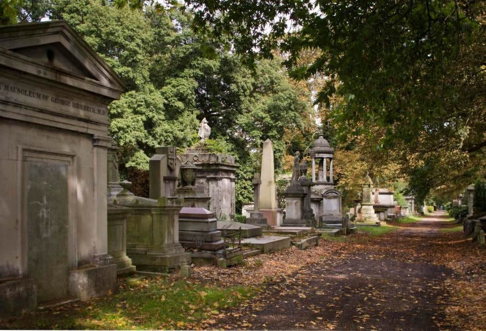 A photograph of gravestones and trees by a path in a cemetery. 
