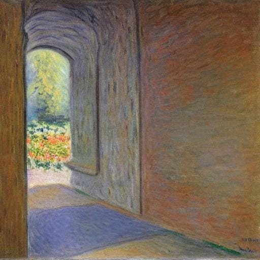 A painterly AI generated image of an interior space with a view to the outside through an arched entryway