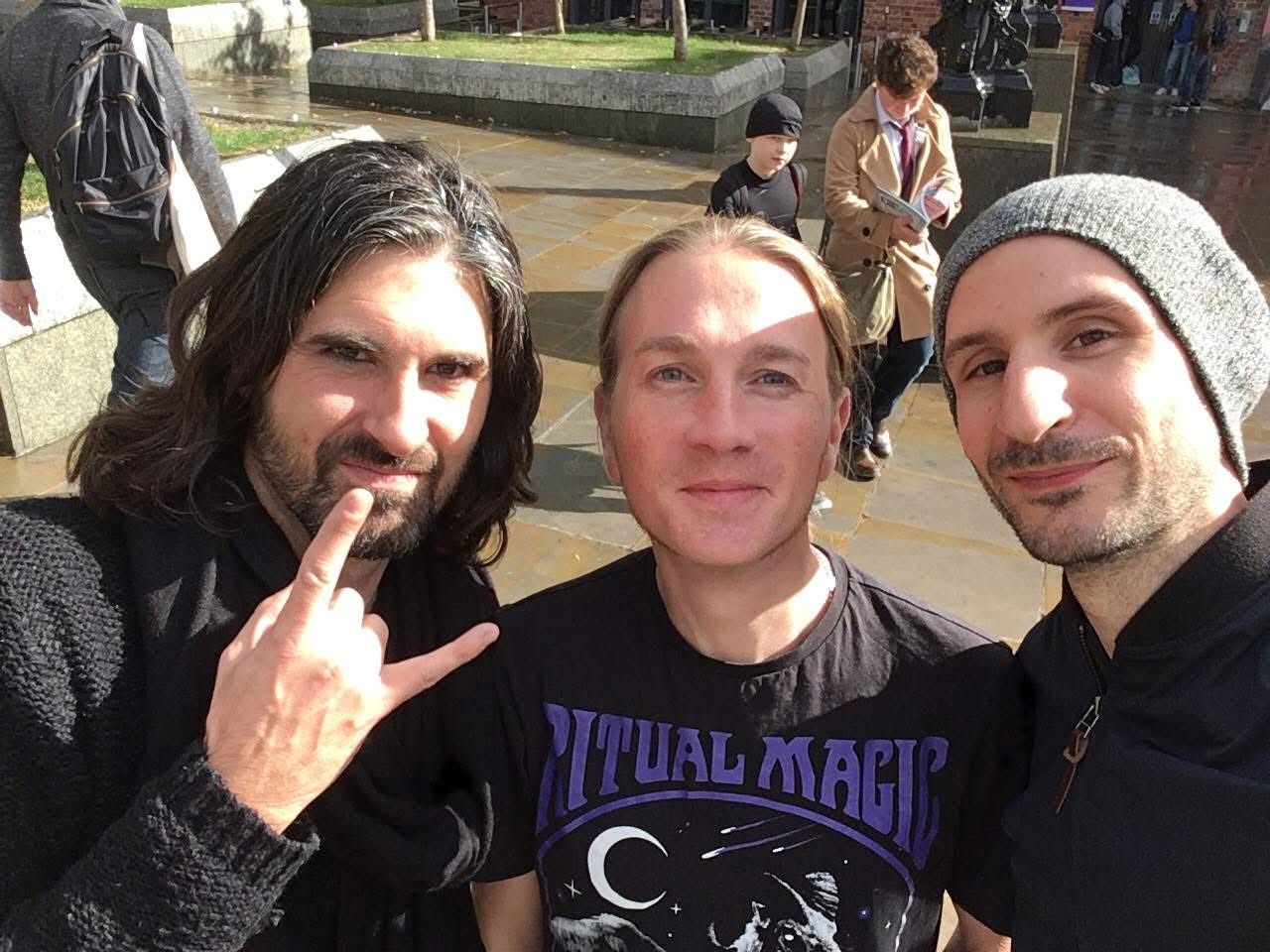 Photo of a fresh faced young P M Buchan taking a selfi with Chris Maker and Matt Fitch in 2017