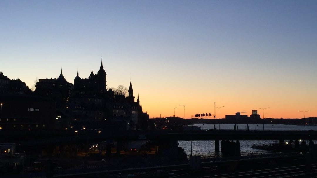 the island of Södermalm against the sunset. 