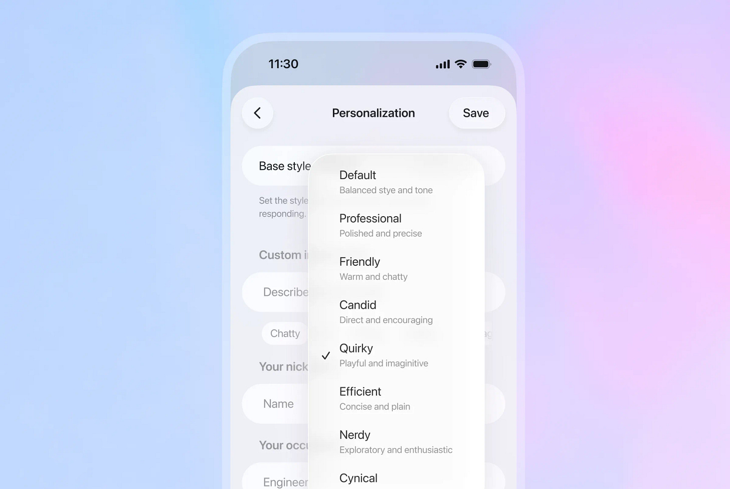 GPT-5.1 a 8 préréglages de personnalité : Défaut, Professionnel, Amical, Franc, Excentrique, Efficace, Geek et Cynique GPT-5.1 a 8 préréglages de personnalité : Défaut, Professionnel, Amical, Franc, Excentrique, Efficace, Geek et Cynique