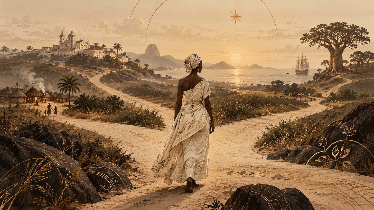 A woman in flowing white clothing walks toward several diverging roads in a warm gold-and-earth landscape, with distant settlements, ocean, and trees suggesting movement, prosperity, family, and separation.