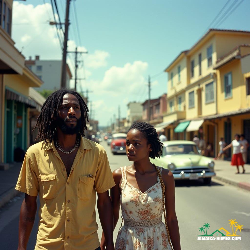 Jamaican man with dreadlocks and woman walking on a lively street