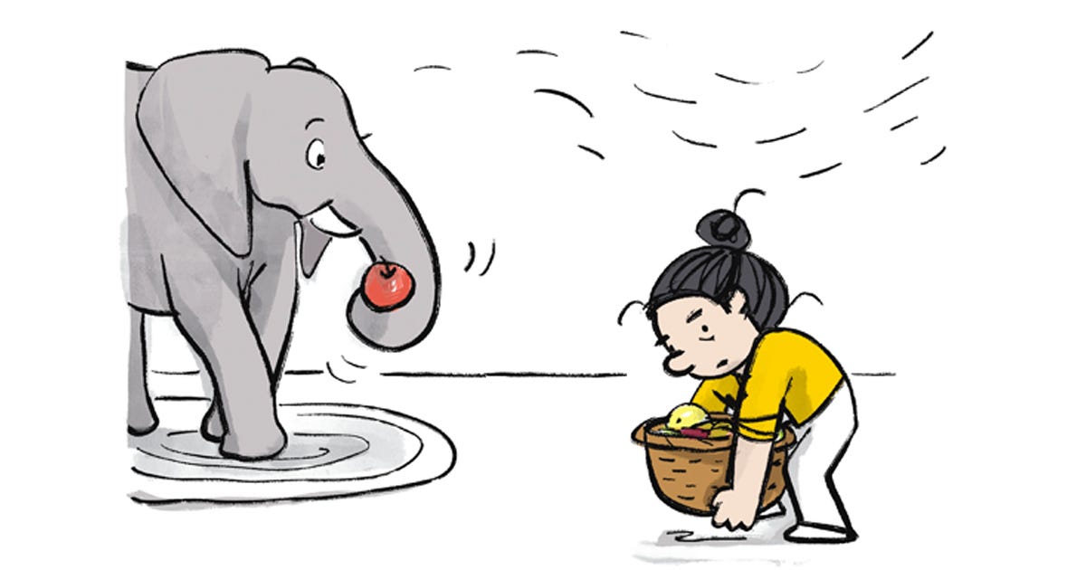 Illustration of a cartoon girl with a bun, feeding an elephant from a basket of food. By Connie Sun, cartoonconnie, 2026. Illustration of a cartoon girl with a bun, feeding an elephant from a basket of food. By Connie Sun, cartoonconnie, 2026.