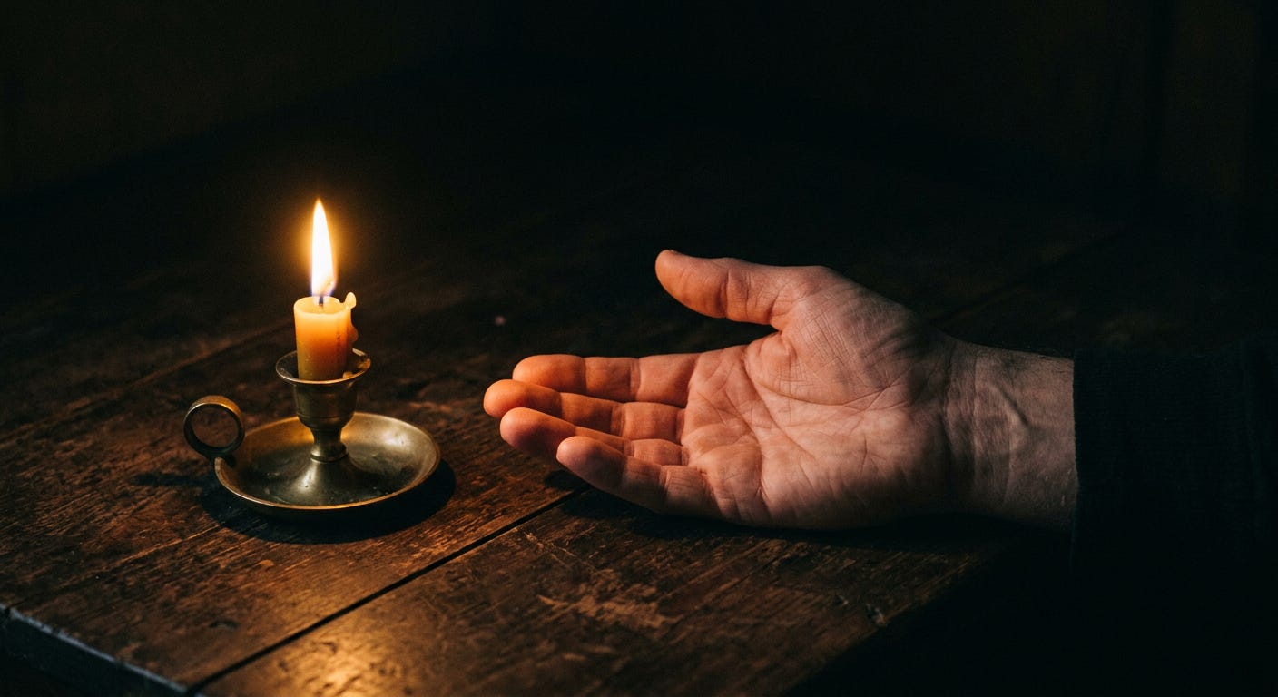 A candle beside an open hand on a table in darkness, representing the obligation that testimony generates — the debt of recognition owed by the community that has received what the testimony-giver gave at cost. A candle beside an open hand on a table in darkness, representing the obligation that testimony generates — the debt of recognition owed by the community that has received what the testimony-giver gave at cost.