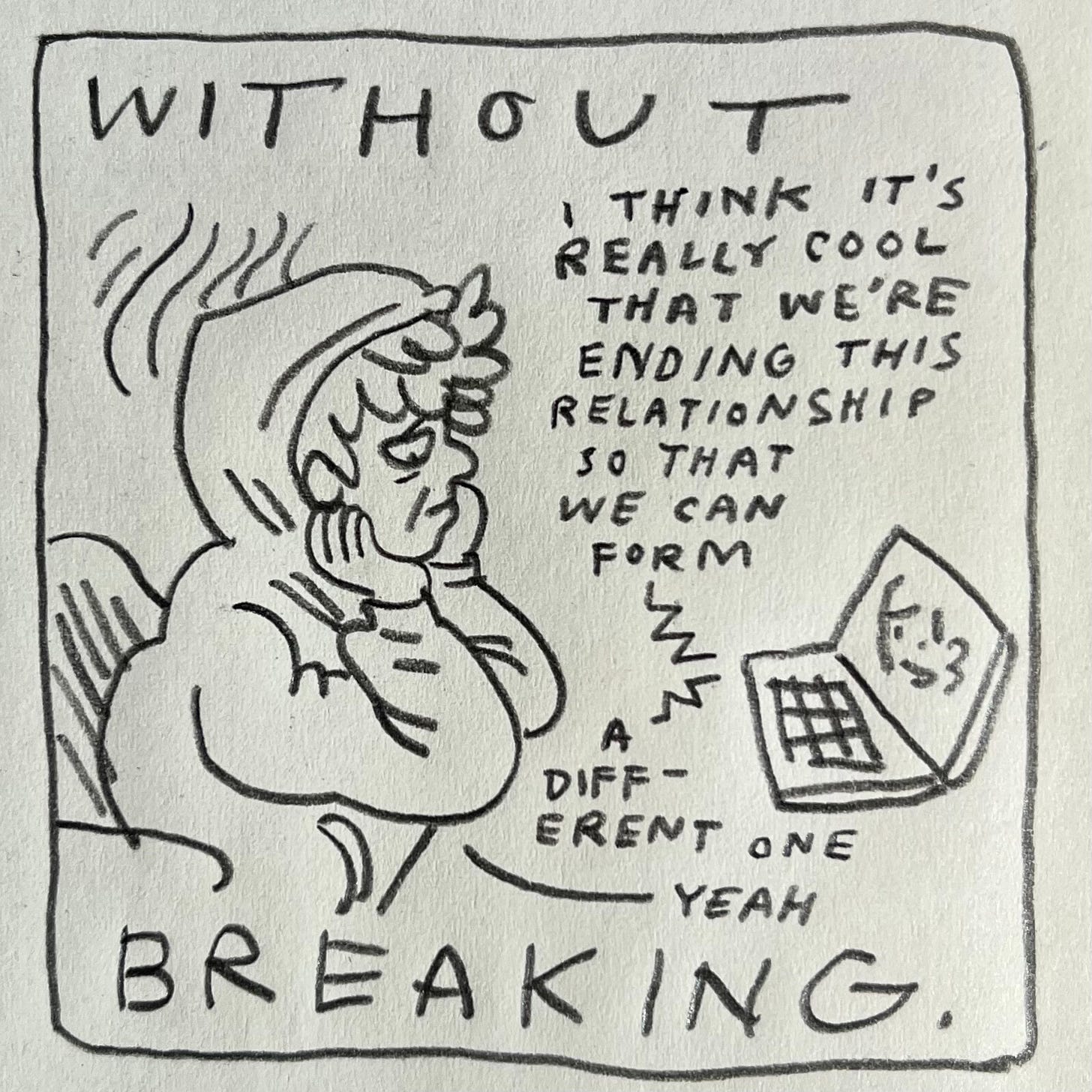 Panel 4: without breaking. Image: The lines lessen and become curvier behind Lark's head. They are dejected, chin in both hands again, eyes downcast. The person on the computer says, "I think it's really cool that we're ending this relationship so that we can form a different one." Lark says "yeah"