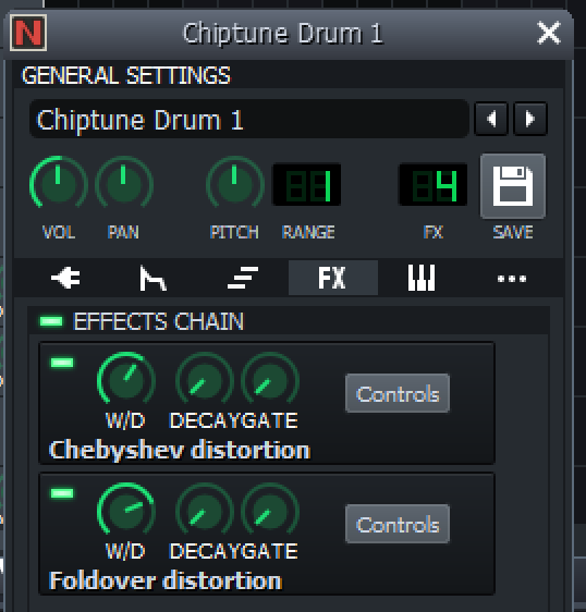 The effects chain for a NEScaline synthesiser plugin, showing two kinds of distortion applied