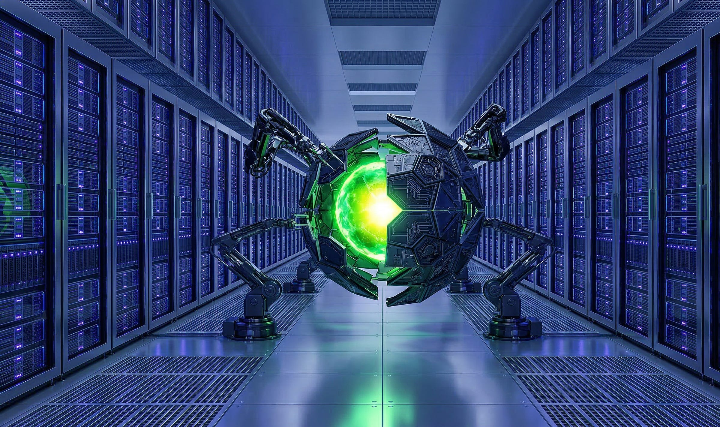A mechanical sphere supported by robotic legs cracking open to reveal a bright green energy core, standing in a corridor lined with blue-lit server racks