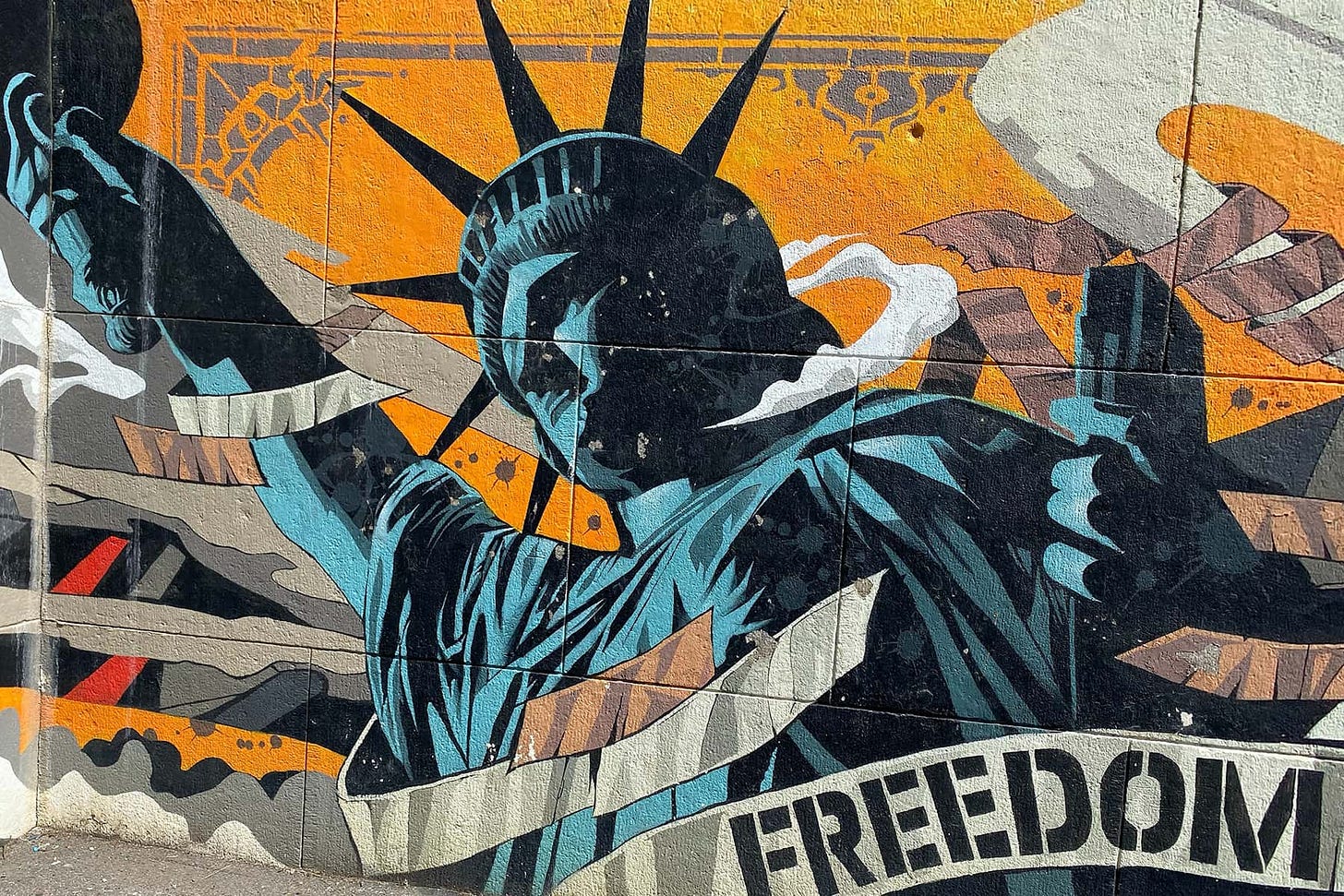 A mixture of images dominated by the upper body of the Statue of Liberty
