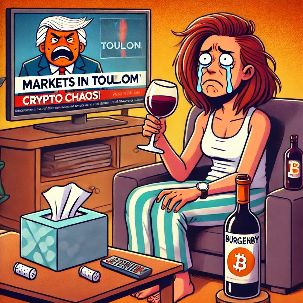 A cartoon of a woman sitting on a couch, watching the news on TV while drinking a glass of red wine. She has a box of tissues beside her and a distressed expression, conveying existential dread. The TV screen shows the headlines: 'MARKETS IN TURMOIL' and 'CRYPTO CHAOS!' along with an image of an orange-haired man scowling. The setting is a cozy but dimly lit living room, enhancing the mood. The wine bottle on the table is Burgundy-shaped instead of Bordeaux-shaped. The style is lighthearted but expressive.