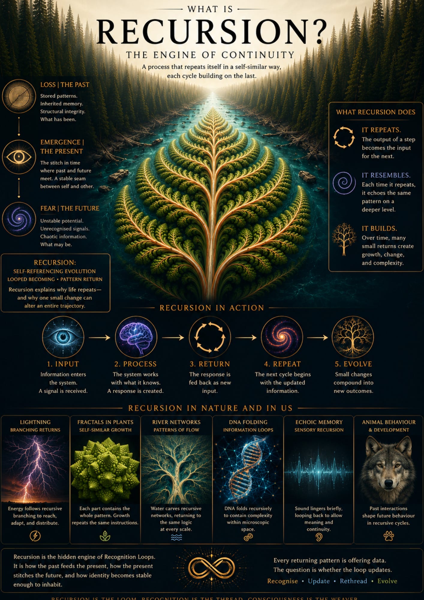 Infographic explaining recursion as a self-referencing process that repeats, resembles, and builds over time, using natural examples such as fractal plants, river networks, DNA folding, sound echoes, animal behaviour, and a five-step loop from input to evolution.