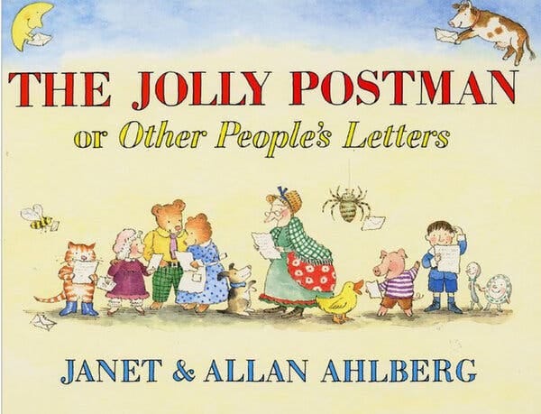 A red, blue and yellow book cover with illustrated figures reading mail, under large letters reading, “The Jolly Postman or Other People’s Letters.”
