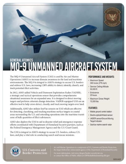 The “Smart Wall” camera towers and ground sensors would be backed up by DHS surveillance drones 