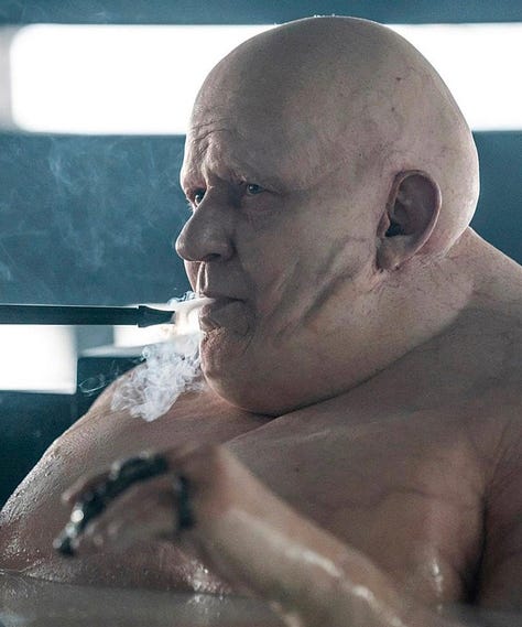 Various characters from House Harkonnen: CRYBABY-WORM-LOOKING Austin Butler in Dune: Part Two (2024), WORMY Dave Bautista in Dune: Part Two (2024)BIG WORM-LOOKING Stellan Skarsgård in Dune: Part Two (2024), 