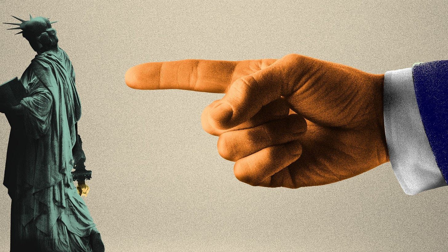 Illustration of a giant Trump-like hand pointing at the Statue of Liberty walking offscreen