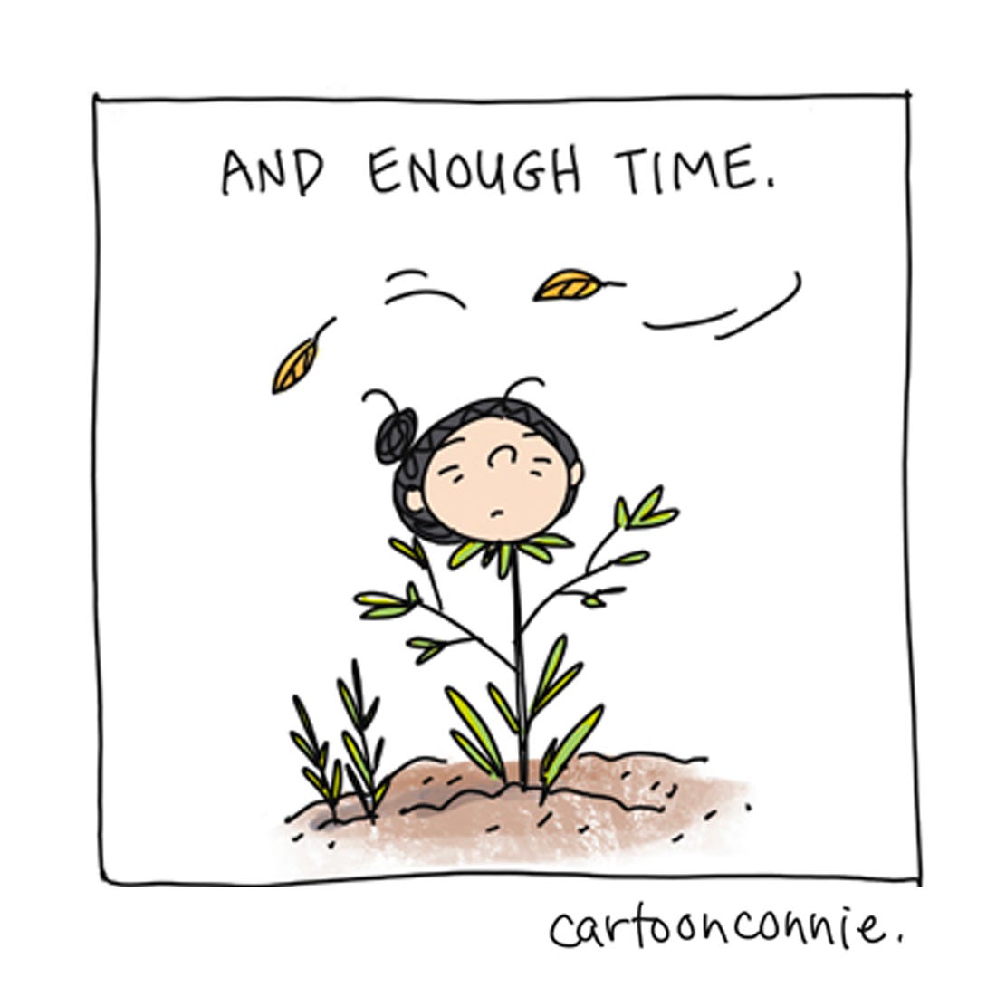 Panel 5 of 6-panel comic strip about recovering from depression over time. The panels illustrate a wilted plant in darkness, getting water and light, little by little, everyday. Titled "How I Got Better," by Connie Sun, cartoonconnie, 2025. 