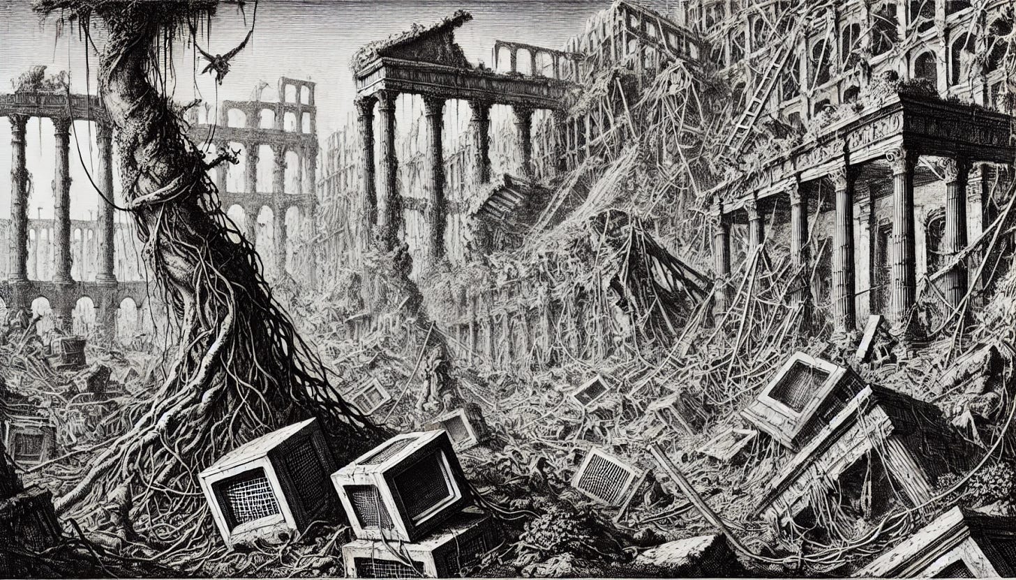 A detailed landscape mode etching inspired by Giovanni Battista Piranesi, with an emphasis on desuetude, portraying the crumbling global information order. The scene is filled with ancient, monumental classical ruins that are severely decayed, with cracks, overgrowth, and broken architecture falling into disrepair. Among the ruins are crumbling technological remnants such as outdated servers, shattered screens, and tangled, useless cables, all rendered with intricate linework and shading. The overgrown landscape encroaches even further, with trees and vines consuming the once-powerful symbols of the global information order. The etching style intensifies the sense of abandonment and obsolescence, with stark contrasts and heavy hatching that emphasize the overwhelming decay of both ancient and modern structures. The atmosphere is one of complete desolation and irreversible decline.