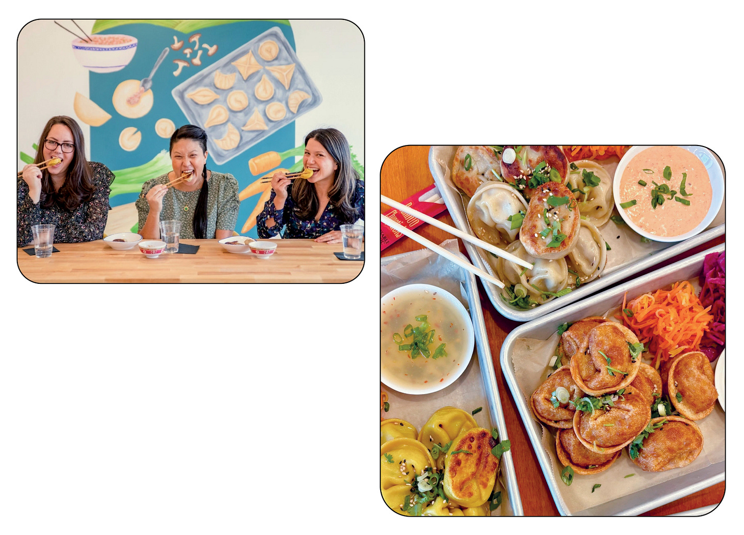 Images of Irene Li with her business partners and dumplings on a tray Images of Irene Li with her business partners and dumplings on a tray