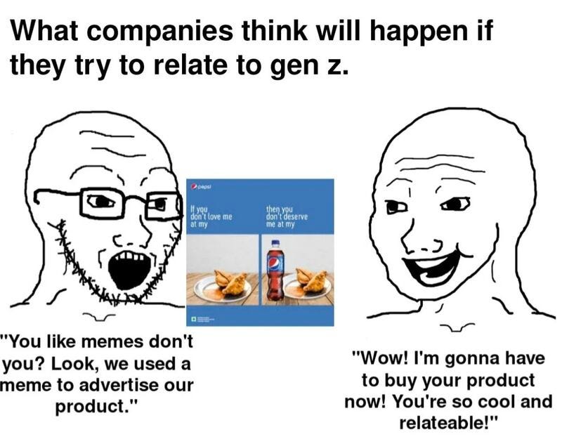 Corporates using memes for marketing is horrendous. When marketing to Gen Z,  there's more to consider than being 'cool'. Have you ever cringe at a brand  awkwardly using memes, sometimes in the… |