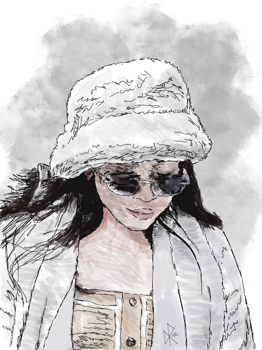 Close-up of a woman wearing sunglasses and dressed warmly in a fuzzy white hat and matching coat, over a light-tan shirt. Sketch art by Don Rice.