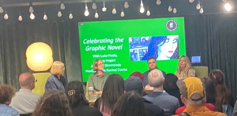 This past April, the late Rachel Cooke (far right), who penned The Guardian’s "Graphic Novel of the Month," appeared on a panel in London hosted by Faber at their offices, alongside Posy Simmonds (far left), Luke Healy, and Lesley Imgart. Tragically, Rachel passed away in November—a huge loss to the comics world and the wider journalistic community.